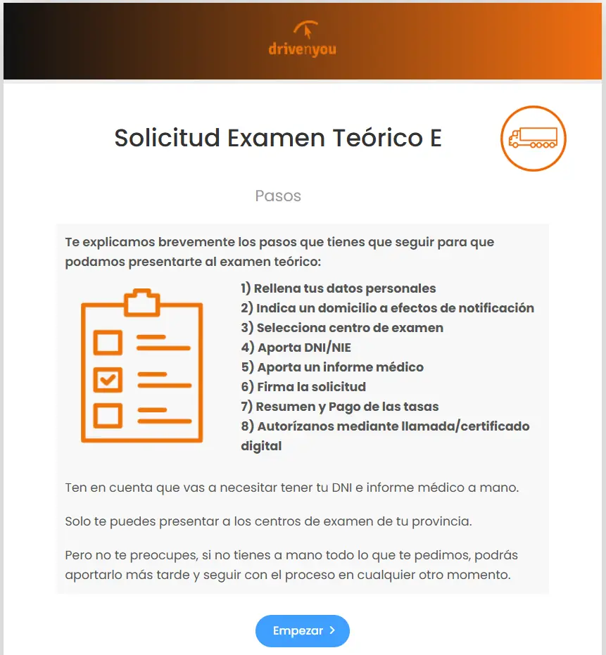 Gestión de inscripción al examen teórico de trailer (E) de la DGT con ayuda de DrivenYou